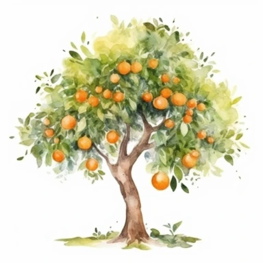 full orange tree, watercolor clipart, minimalist, bright colors, isolated white background, 8k