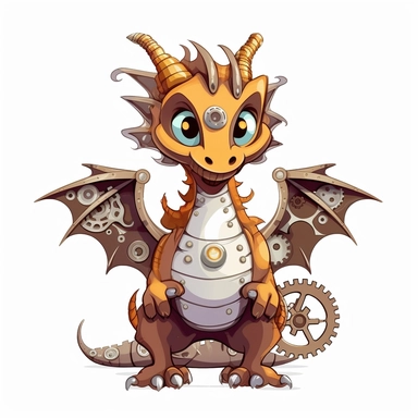 friendly dragon with cute eyes, standing up, in the style of steampunk, clipart, white background, lots of cogs,