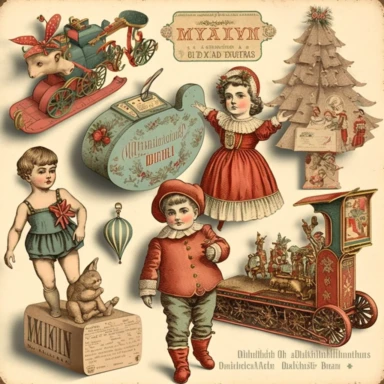 die-cut christmas clipart vintage ephemera, victorian toys, photorealistic drawing NO: [“watermark, signature, write, number, word”]