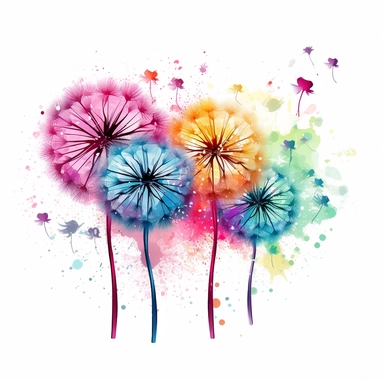 full head dandelions blowing in the wind. Paint Splashes on white background. Pink, purple, yellow, turquoise, green. Clipart