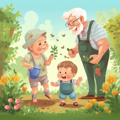 cute baby boy playing with grandparents in the garden, summer time, no watermark, clipart
