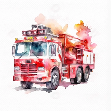 Fire Truck Watercolor isolated watercolor Clipart, watercolor illustrations, white background for removing background