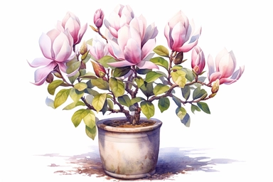 Watercolor, Ashe Magnolia, Magnolia ashei Plant, Moroccan pot, clipart, hd, on a white background, spaced out