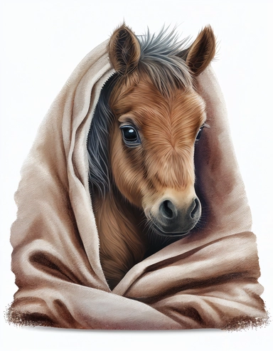 baby horse in a blanket, watercolor clipart, transparent background,