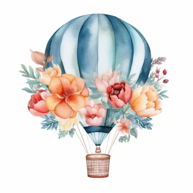 Watercolor Floral Hot Air Balloon Clipart, on a white background
