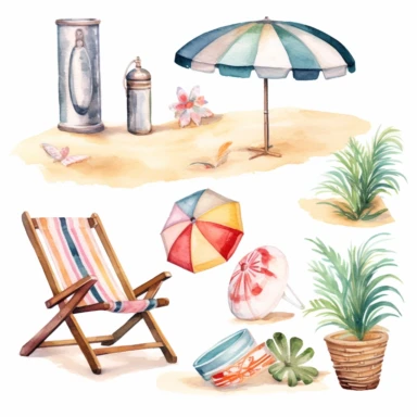 summer beach clipart, white bsckground, watercolor,
