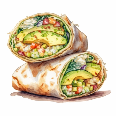 create a beautiful one of a kind high quality extremely detailed watercolor clipart image of a delicious california burrito cut in half showing chunks of avocado, pay close attention to the fillings, PNG, commercial use, white background, no text, no font, no watermark, white background, no text, no font, no watermark, white background