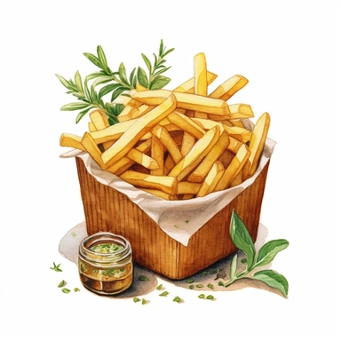an enchanting watercolor, hyper-realistic clipart image with a white background and white margins, featuring a basket of truffle fries--fries drizzled with truffle oil and sprinkled with Parmesan cheese and fresh herbs. The ultra-detailed, hand-drawn elements capture the aromatic toppings and the golden fries. Use bold shades of yellow and green to create a visually captivating image that showcases the gourmet flavors of this elevated twist on French fries
