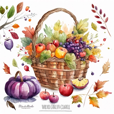 Create a hand-drawn watercolor fashion illustration clipart of a basket of fall apples, featuring a charming and playful scene with a hand-drawn basket filled with fresh and colorful apples in shades of red, purple, and orange, set against a white background with a few scattered fallen leaves and a cute little worm peeking out, invoking the feeling of being in a whimsical and cheerful environment during the fall season.