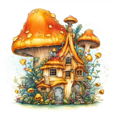 create an illustration featuring magical golden yellow mushroom house clipart, small flowers, vibrant colors, rainbow colors, magical, whimsical, fairytale, against a white background, harlequin cyberpunk, highly detailed