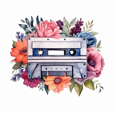 Vintage cassette with flowers, illustration clipart, high detailed, white background, digital art