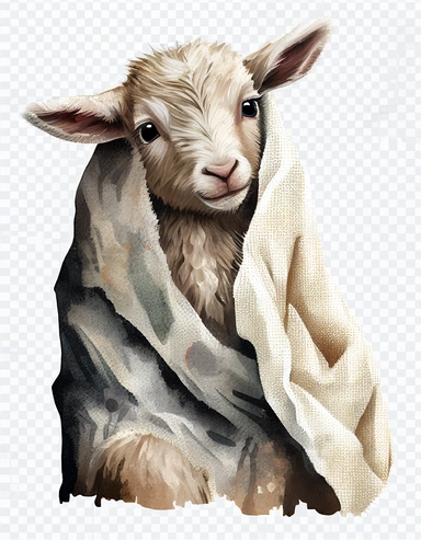 baby goat in a blanket, watercolor clipart, transparent background