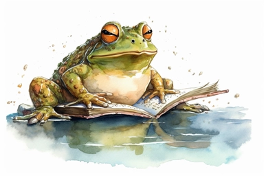 watercolor fat frog reading a book Clipart, hd, white background, spaced out
