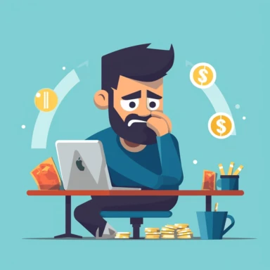 cartoon minimal clipart. frustrated worker sitting at desk with money on screen