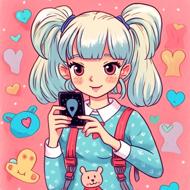 cartoon drawing of a cute blonde girl wearing colourful baby blue shirt with white lace collar, holding a flip phone and and winking in front of you, the girl has fringe with there are lots of colourful hair clips on the hair, the hair clips are heart shapes, bunny shapes, and tiny ribbons, y2k style, retro style, 2000s style, cyber y2k style, drawing style similar to Japanese Sailor Moon and retro anime, white background