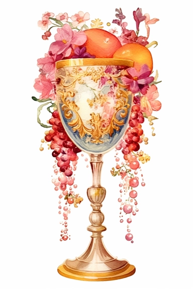 watercolor inthe style of Ambrosius Bosschaert, clipart, art nouveau cocktail goblet overflowing with flowers, hd, wedding, pink bubbly champagne, isolated on white background, gold sparkly embellishment, vivid vibrant color