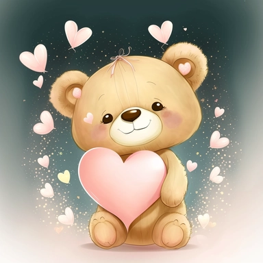 baby bear with hearts, butterflies flying, smiling, flowers with lights, cute, clipart, kawaii, disney, detailed, ultra high definition