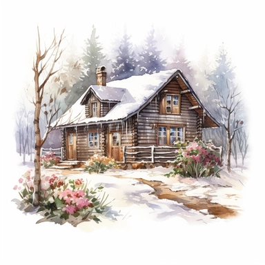 a log cabin in the woods with a garden. it is winter. on a white background. clipart. watercolour.