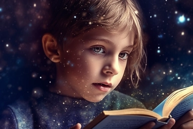 a cute ten-year-old cute boy with blue eyes is reading a book in the genre of combat marine fantasy, magical magical very very fine sparkling dust small colored sparks from the book, a watercolor clipart, Sharp focus + Close-up textures + Hyper-realistic textures, Color contrast, Precise details, Complexity, hdr. 8k