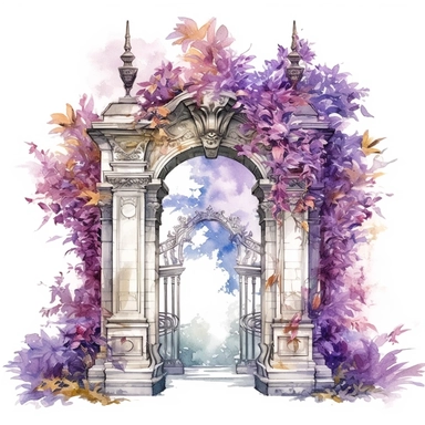 Fantasy Floral Gate Clipart, Watercolor Cartoon, hyper realistic, intricate detail, illustration style, high resolution, on the white background