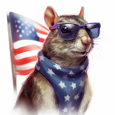 Agouti, wears American flag scarf and sunglasses, closeups shot, low angle, watercolor style, hyper-realistic animal illustrations, 2d game art, quadratura, clipart, on white background,