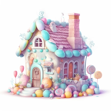 a little house made of delicious candy, bright pastel colours, baby pinks, light blues, light purples, clipart, white background
