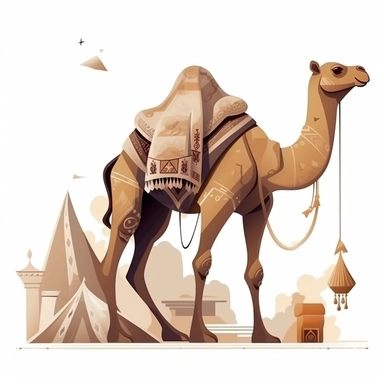 Eid al Adha Camel , Flat vision ， Clip Art Style ， Morandi tone , White background , Exquisite, neat, masterpiece of a master , Rich and accurate details, ultimate luxury 。
