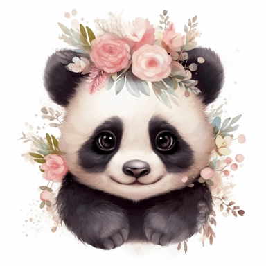 cute fluffy baby panda with some minimalist flowers on its head, disney style, clipart on white background