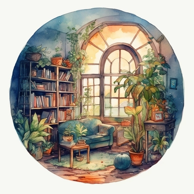 a watercolor clipart of a bookroom with a big round window, white background clipart, plants and nature, in the style of darkly romantic illustrations, uhd image, studyplace, fairycore, charming character illustrations, planst are sticking out of a bubble