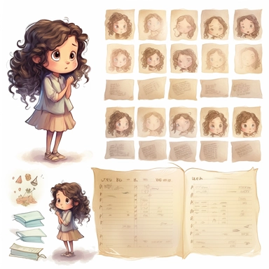 Little girl exploring, character sheet, illustration for book, children's book, multiple positions,five years old, curly hair, dark brown hair, long hair,Watercolor Clipart, strybk, full Illustration, 4k, sharp focus, watercolor, smooth soft skin, symmetrical, soft lighting, detailed face, concept art, watercolor style, strybk, children's style fairy tales, chibi kawaii, . Octane rendering, 3d. Perfect face, detailed face, delicate face, perfect sharp lips, detailed eyes. Craig Davison, Aubrey B