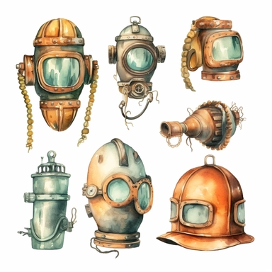 watercolor antique diving equipment , illustrations clipart set, simple, , cartoon elements ,different variants , brass elements, , separate elements with a margin, ,4k, high resolution