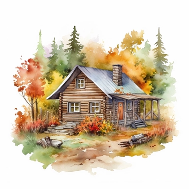 a log cabin in the woods with a garden. it is autumn. on a white background. clipart. watercolour