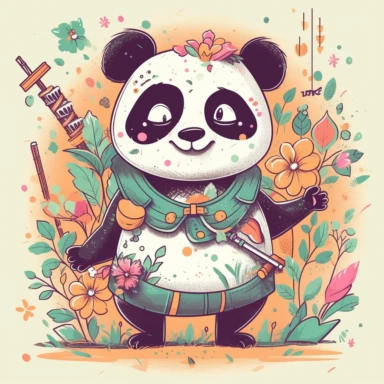 a happy panda with a bamboo shoot and a martial arts belt, depicted in a whimsical, surrounded by colorful flowers and butterflies. The mood of the artwork is cheerful and playful, with a soft pastel color palette. The lighting style is bright and sunny, evoking a warm and inviting feeling. clipart design graphic, vector, contour, super cute, isolated white background, high quality, 2d, flat