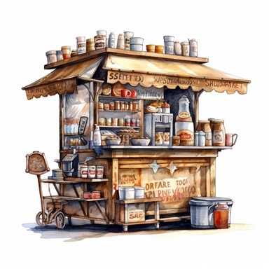 watercolor art of coffee stand, in the style of realistic and hyper-detailed renderings, sketchfab, ahmed morsi, realistic watercolor paintings, use of common materials, handcrafted designs clipart tan and silver with background removed