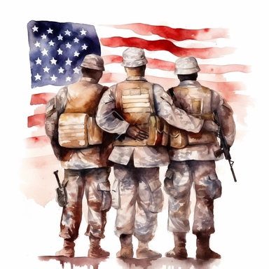 Watercolor painting clipart of Illustrating multiple soldier standing in solidarity, with their arms around each other, in front of a large American flag. This theme represents the unity and support within the military community. White background
