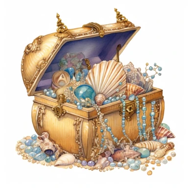 a treasure chest, brimming with untold riches, rests on the sandy ocean floor. The chest gleams with polished gold, adorned with intricate engravings that hint at ancient legends. , azure waters. Delicate seashells and shimmering pearls are scattered nearby, clipart, white background