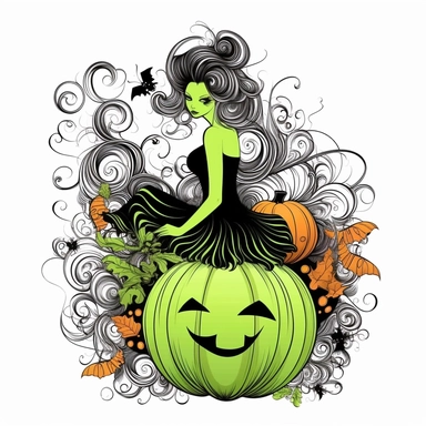 Halloween fairy, clipart, neon green , black white stripes, pumpkin, isolated on white background, in the style of Amy Brown, beautiful fall floral, bright color, crisp lines, chaos 8