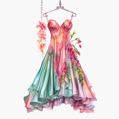 panoramic view, full view, beautiful flowing tropical party dress in vibrant colors on ornate hanger, shabby chic, elegant, ethereal, romantic, fantasy, high detail, shabby chic, sharp focus, 8k, illustration sketch, clipart style, transparent background