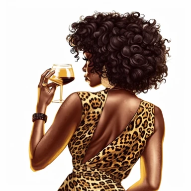 african american curvaceous light skinned woman with curly hair shown from the back holding a glass of wine in her right hand wearing a leopard print spaghetti strap dress clipart