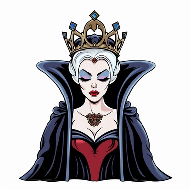 2d partially lined clipart illustration of an evil but beautiful queen, in the style of 1959's sleeping beauty movie, white background
