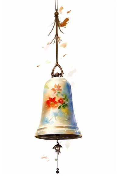 Clip art of ice Japanese Wind Bell, simple, white background, Beautiful margins, large margins, by Helen Beatrix Potter, easy to crop image, Natural light, 4k, HDR