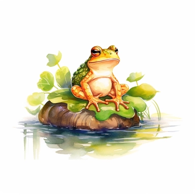 Whimsical frog sitting on a lily pad in a peaceful pond, its vibrant green color contrasting with the warm tones of the season, white background, watercolor clipart.