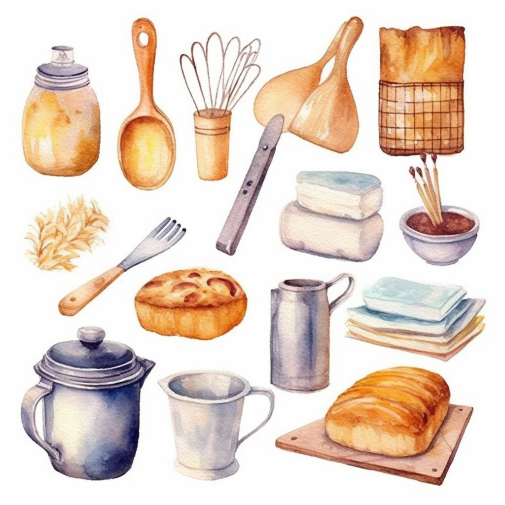 Watercolor baking clipart, kitchen utensils, bread clip art ...