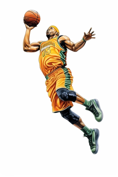 Floater: A floater is a mid-range shot used to avoid shot blockers near the basket. Create clipart images illustrating players releasing the ball with a soft touch while jumping or running towards the basket. is drawn in watercolor paint,against white background, in the style of hyperrealistic pencil drawings, jocelyn hobbie, highly realistic, eye-catching, hyper-realistic pop, valentin serov