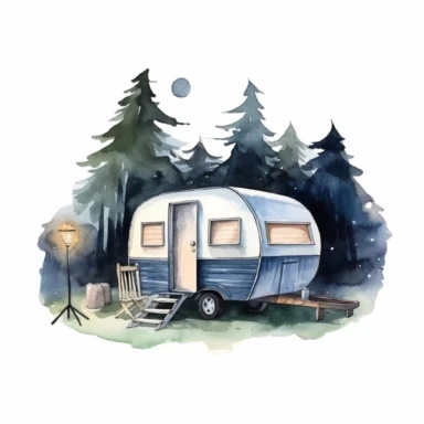 Camping style cute caravan in the campground at the night with watercolor effect, night landcsape, camping tools, camping chairs and table, caravan pengola, forest landscape, suitable for digital clipart, white background
