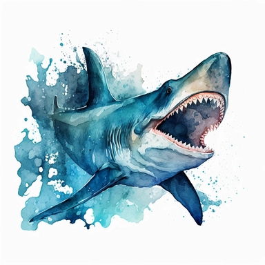 watercolor handpainted hammerhead shark clipart, The shark is swimming towards the viewer, and its mouth is open in a wide yawn, The shark's eyes are a deep blue color, and they are focused on the viewer, The clipart is done in a watercolor style, and it captures the beauty and power of the shark, The artist has used a variety of colors to create a sense of depth and movement. The water is a deep blue color, and the sun is shining brightly overhead, The shark is a light gray color, and its fins 