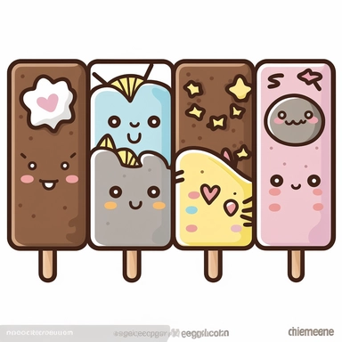 clipart of a kawaii chocolate bar with animal faces and fun designs, pastel colors, thick outline, thick lines, isolated on white background, Yoshitomo Nara