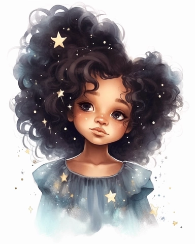 a portrait of a cute black little girl with a luminous dress, mouth smikibg, long hair, wind, sky, clouds, the moon, moonlight, stars, universe, fireflies, butterflies, watercolor clipart,