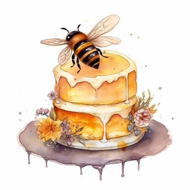 whimsical watercolour clip art individual cake decorated with bee, honey, beehive and honeycomb. The cake is on a cake stand