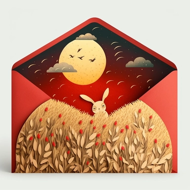 clipart, hand painted, watercolor, vectors, gray background, sharp focus, highly detailed, Rabbit, Chinese New Year, Bright Red, Celebration, Colorful Confetti behind, Cute, Cheerful, pixar style, Moon behind, yellow field of barley behind, dark red envelopes in the air